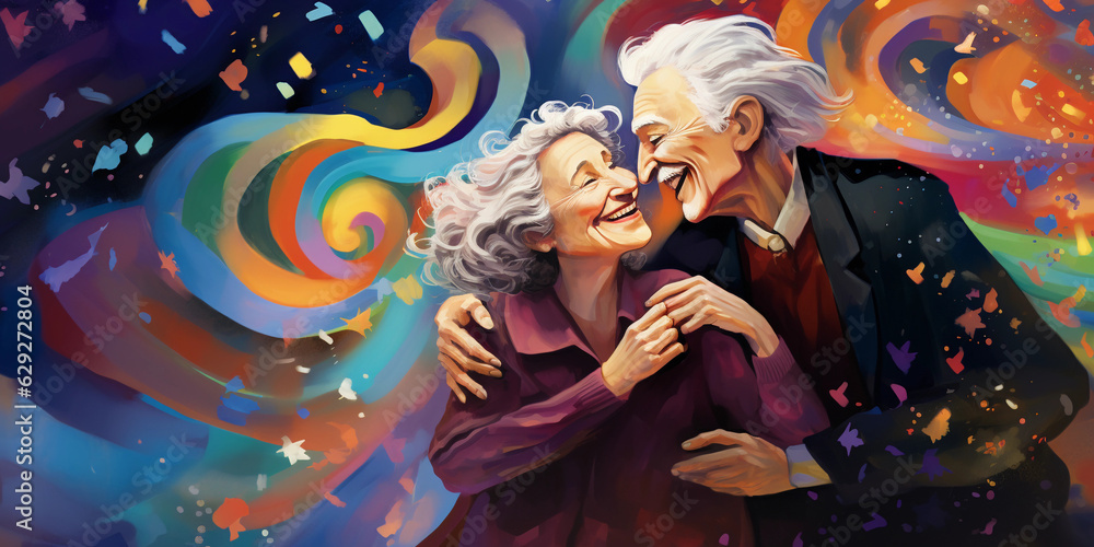 Wall mural an elderly couple dancing passionately, vibrant colors, flowing lines, in a romantic setting, under 