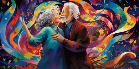 an elderly couple dancing passionately, vibrant colors, flowing lines, in a romantic setting, under the moonlight, surrounded by music notes