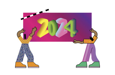 Happy New year banner with abstract flat characters holding a banner with numbers 2024