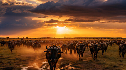 Migrating wildebeest herd across the Serengeti plains, vast landscape, depth of field, atmospheric sky - obrazy, fototapety, plakaty