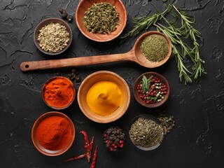 herbs and spices for cooking with dark background
