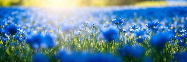Blue flower garden with sunlight. Generative AI. 
