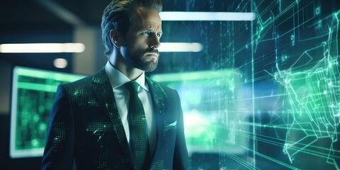 Computer screen, hologram and business man with digital data analysis, global coding and programming at night. holographic, information technology research, generative ai