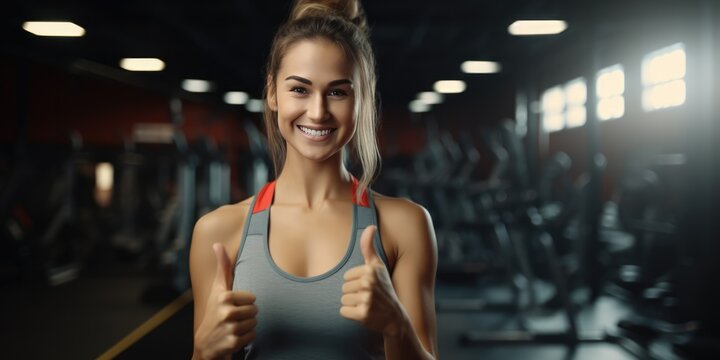 Happy woman ready for workout showing thumb up at gym. Fitness and healthy lifestyle recommendation, copy space, generative ai