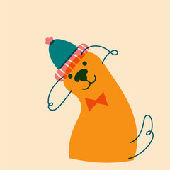 Dog, puppy in cap, hat. Avatar, badge, poster, logo templates, print. Vector illustration in a minimalist style with Riso print effect. Flat cartoon style