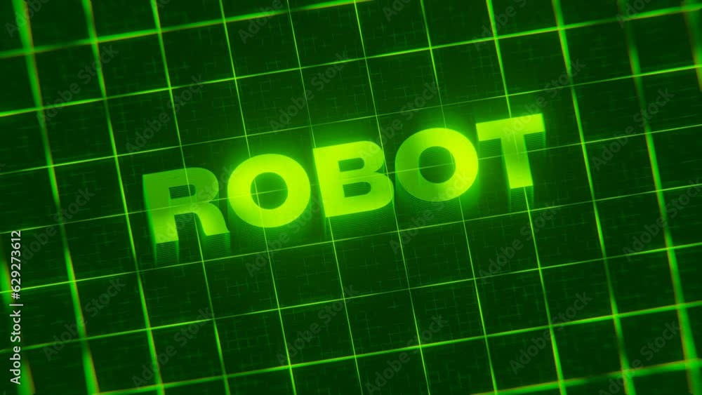 Poster 3d-rendered looping animation of the neon word robot on a green grid background