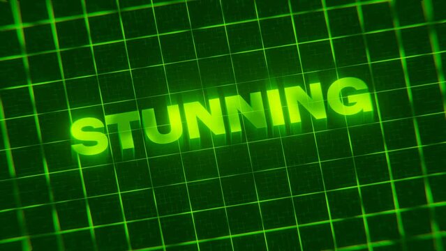 3D-rendered looping animation of the neon word Stunning on a green grid background