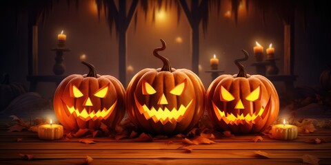 Halloween background. Halloween pumpkin head jack lantern with burning candles, generative ai