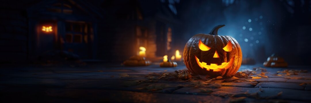 Halloween background. Spooky pumpkin with dark forest. Halloween design with copy space, generative ai