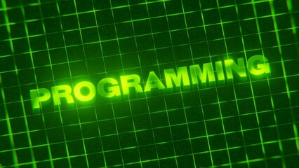 3D-rendered pattern of a word on bright neon green lines arranged in a grid pattern.
