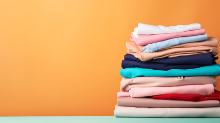 Stack of colorful clothes. Pile of clothing on table empty space background. Laundry and household.