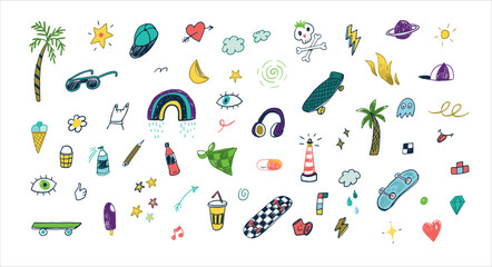 Skate, rainbow, music doodles summer vector line illustrations set.