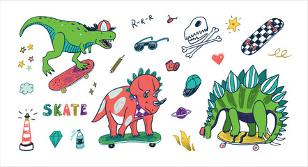 Dinosaur, skate, doodles summer vector illustrations set.