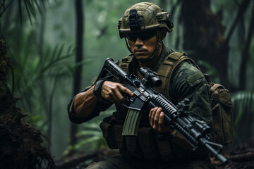 Fototapeta premium US Army Marine in full uniform and tactical gear in the jungle. AI generated.