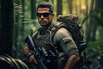 Fototapeta premium US Army Marine in full uniform and tactical gear in the jungle. AI generated.