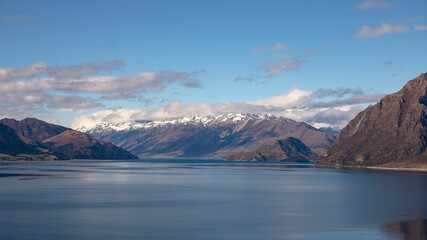 Fototapeta na wymiar Aerial view of a tranquil Lake Hawea on a sunny day in New Zealand