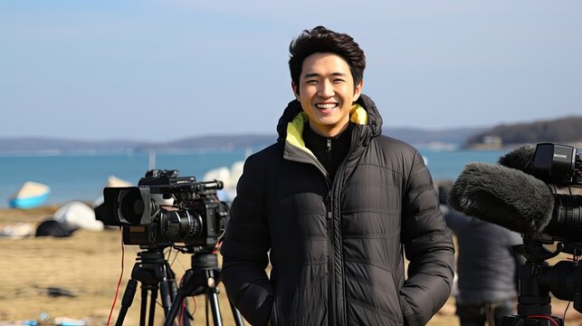 Korean tv reporter working outdoors
