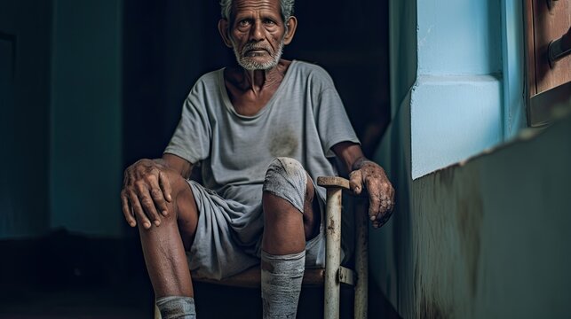 Elderly Indian man sitting with bandaged feet sick with leprosy.