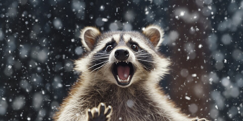 The Amusing Raccoon's Winter Surprise: A Multitude of Snowflakes Falling AI generated - obrazy, fototapety, plakaty