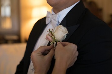 Groom's friend adjusting his boutonniere