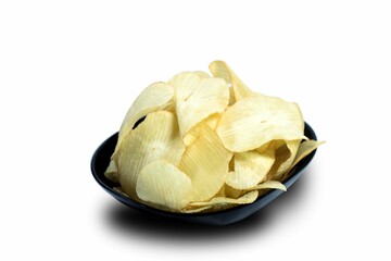 Close up of a bowl of freshly fried potato chips on a white background
