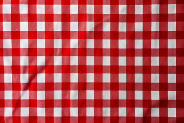 Red gingham tablecloth. Red fabric pattern texture - vector textile background. Kitchen table cloth - obrazy, fototapety, plakaty