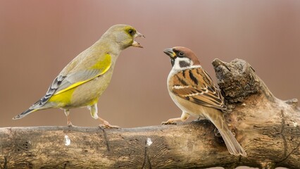 two birds perched on top of a wood branch next to another bird