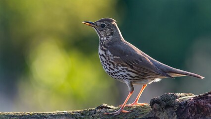 Small thursh bird perched on a wooden tree branch surveys its surroundings with curiosity
