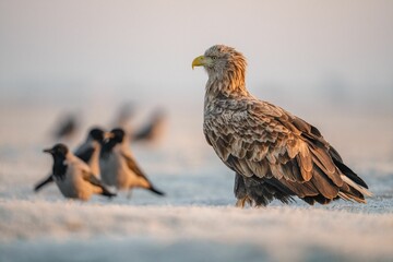 Golden eagle perched on a snow-covered field with several smaller birds in the background