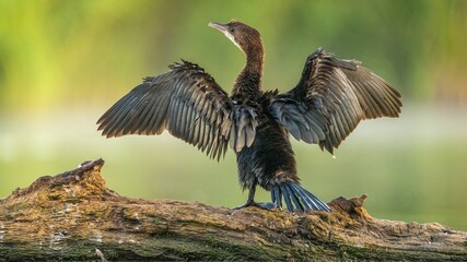 Beautiful cormorant bird perched on a log with its wings spread wide, basking in the sunlight