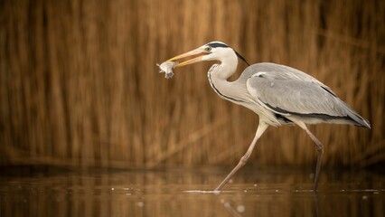 Gray heron wading through a pond with a freshly caught fish in its beak