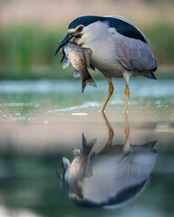 Vertical shot of a night heron wading in a pond with a fish in its beak