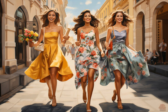 Three young women girlfriends go shopping. Women on the city street. AI generated.