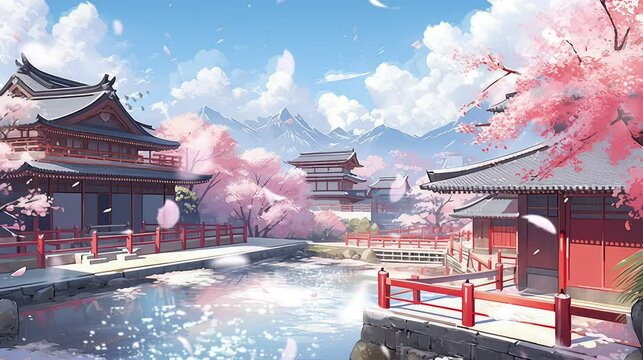 Beautiful fantasy summer spring nature landscape and cherry blossom tree, seamless looping video animation background in watercolor painting illustration style