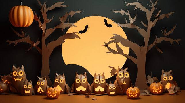 3D illustration of Halloween theme banner with group of Jack O Lantern pumpkin and paper graphic style of spooky tree and owl on background.