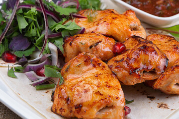 Chicken kebab, with herbs and sauce close-up