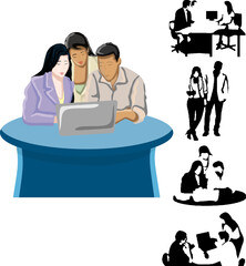 Business Marketing illustrations, business icons set. Collection of successful team illustrations. Happy young employees giving support and help each other. Business team working together for success 