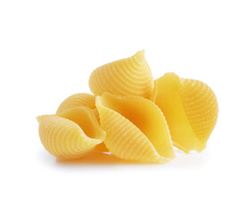 Heap of uncooked shell pasta close up on a white background