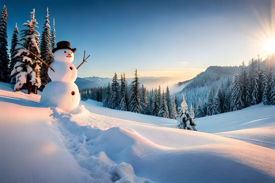 snowman in winter christmas scene with snow pine trees and warm light