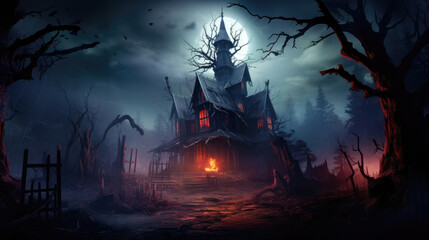 Horror halloween haunted house in creepy night forest.