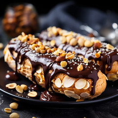 pancakes with chocolate sauce, decorating delicious homemade eclairs with chocolate and peanuts, ai generation