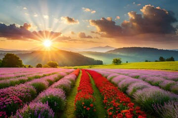 Fototapeta na wymiar colorful flower meadow with sunbeams and bokeh light in summer 