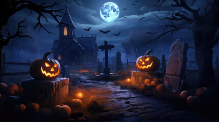 Halloween Party Card - Pumpkins And Skeleton In Graveyard At Night With Wooden Board