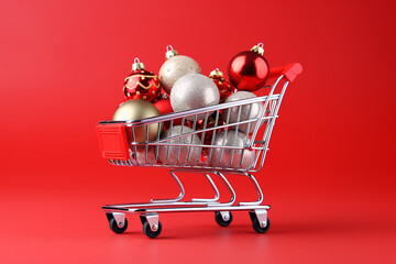 Shopping cart full of Christmas balls. Supermarket trolley with decoration, winter holidays. Christmas and New Year sale minimal concept. Miniature shopping cart with christmas toys, toy shopping cart