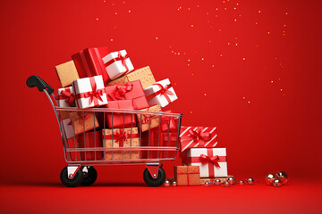 Shopping card full of presents. Gift boxes with red bows in a supermarket trolley. Christmas and New Year sale minimal concept. Gifts in toy shopping cart - obrazy, fototapety, plakaty