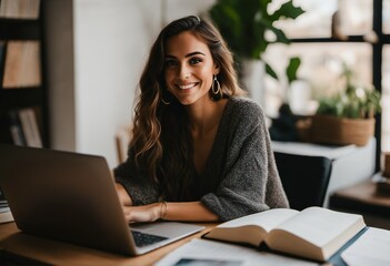 Fototapeta premium GenZ working from home and smiling in cozy home office