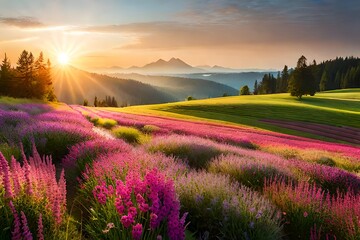 colorful flower meadow with sunbeams and bokeh light in summer 