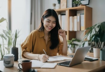 Young happy asian woman working from home in a cozy setting, WFH concvept