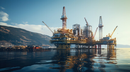 Offshore oil and rig platform, Construction of oil and gas production process in the sea. Power energy of the world