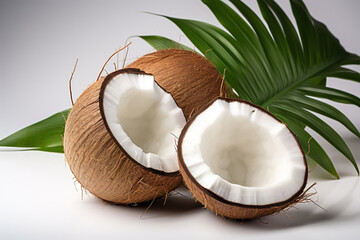 Fresh coconut in half fruit isolated on white background.